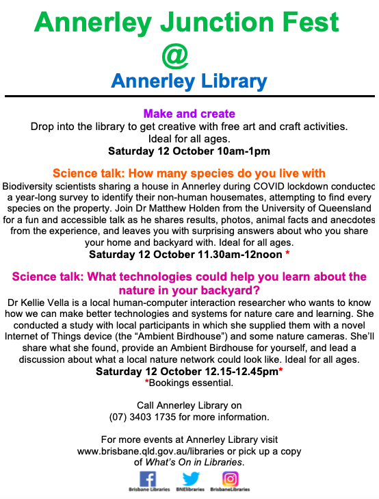 Flyer for Annerley Library events that includes the information above